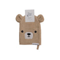 Bear-shaped wash mitt with ears and a face on a white background, featuring the Sleep Store logo.