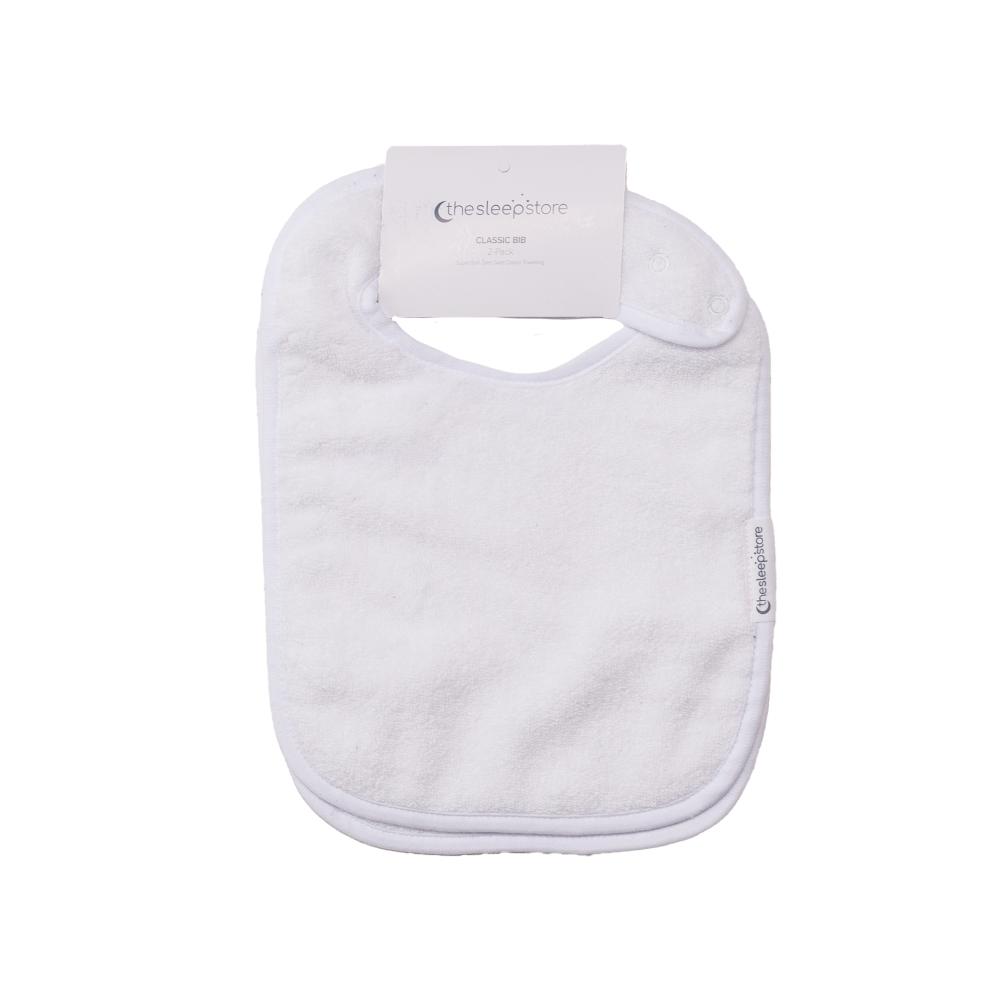 2-pack of White cotton terry classic style bibs with The Sleep Store branding on a white background