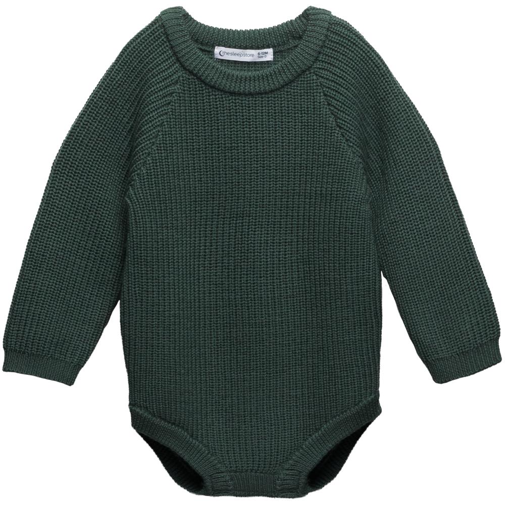 Forest Green knitted merino longlseeve baby bubblesuit romper on a white background