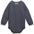 Grey knitted merino baby bubblesuit romper on a white background