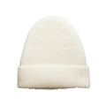 Cream merino wool knit beanie with cuff on a white background