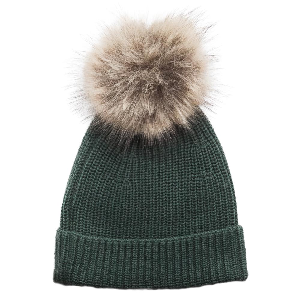Forest Green merino wool knit beanie with a fur pom-pom and cuff on a white background