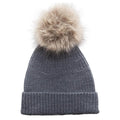 Grey merino wool knit beanie with a fur pom-pom on a white background