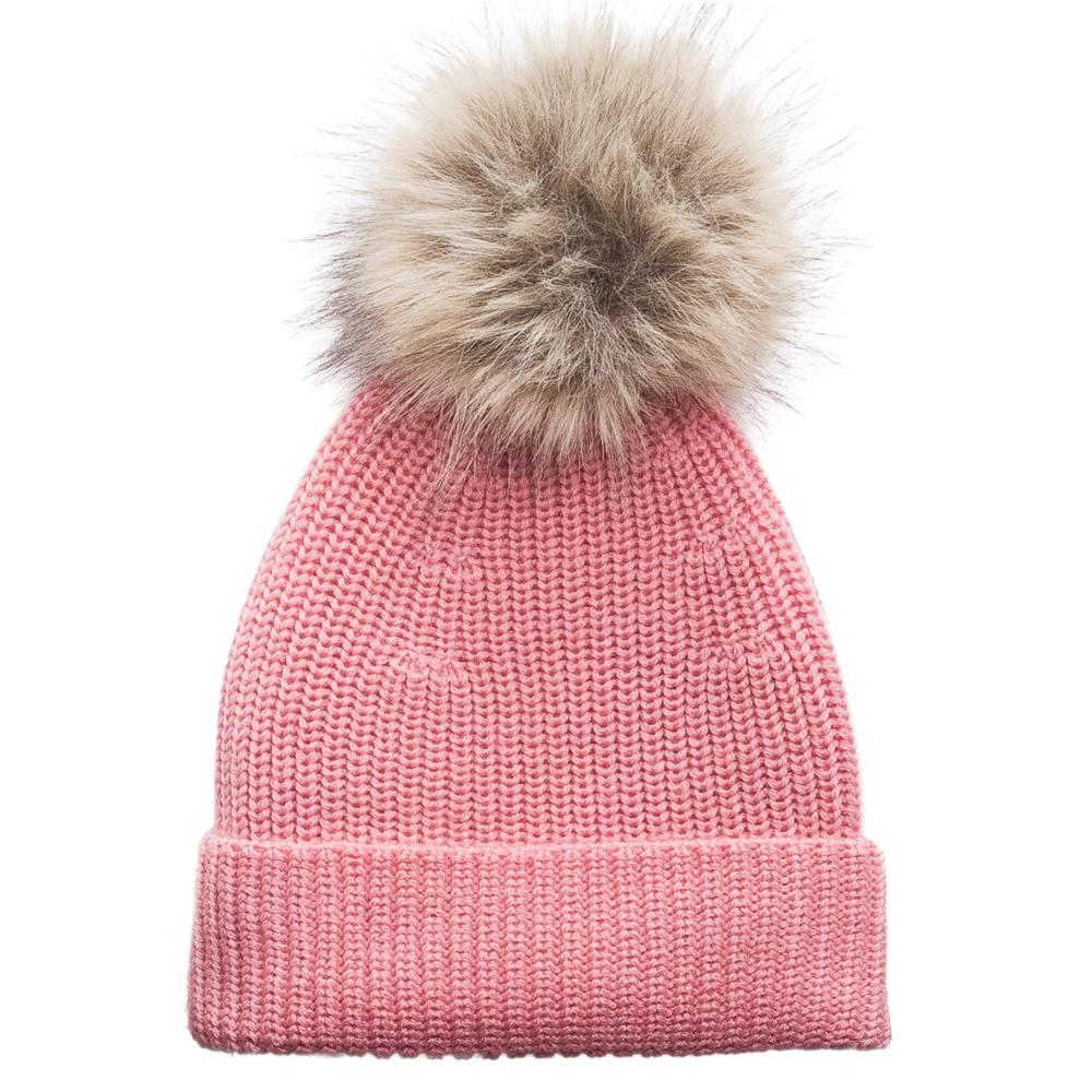 Pink merino wool knit beanie with a fur pom-pom on a white background