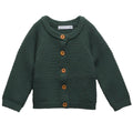 Forest green merino wool knitted cardigan with brown buttons on a white background