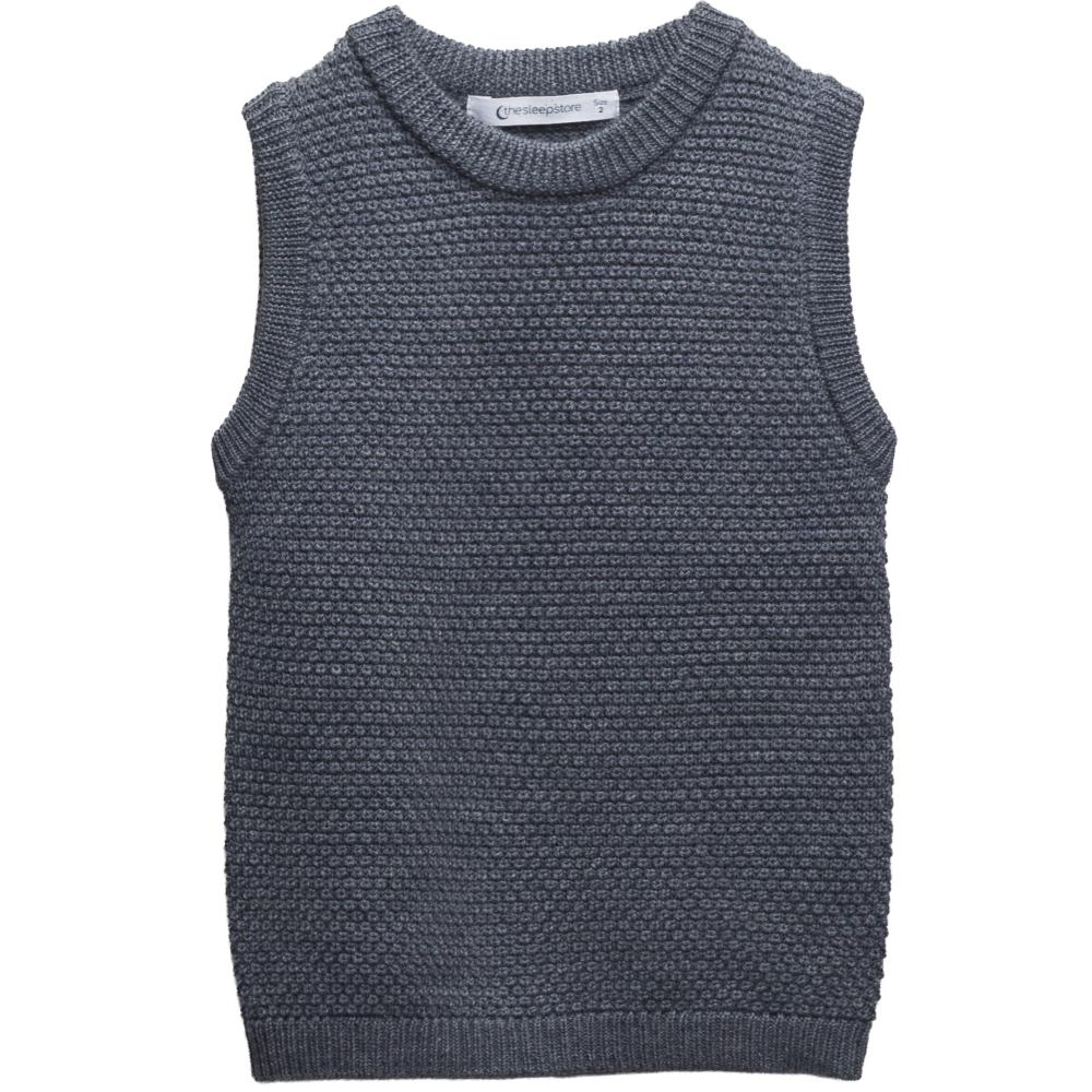 Grey merino wool knitted sleeveless sweater vest on a white background