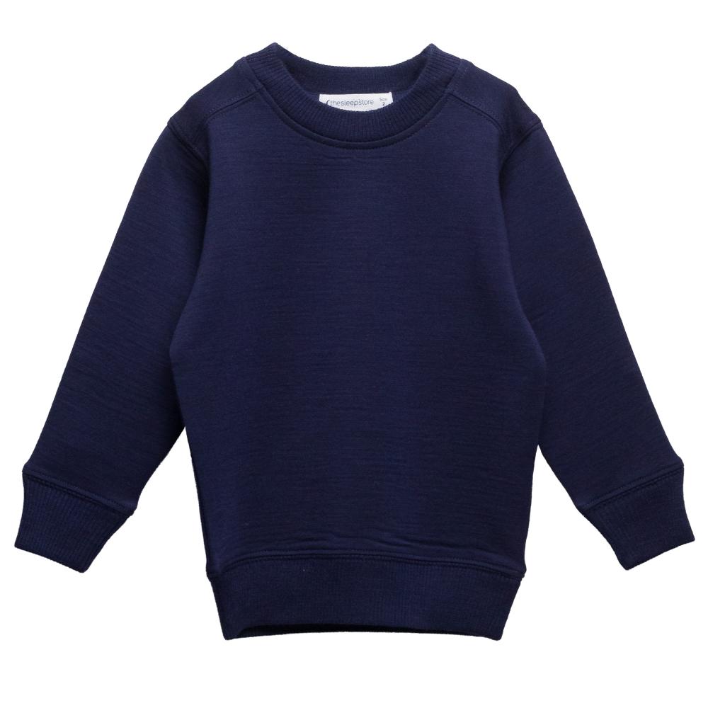A navy blue long-sleeve merino fleece crewneck sweatshirt with ribbed cuffs and hem, shown flat against a plain white background.