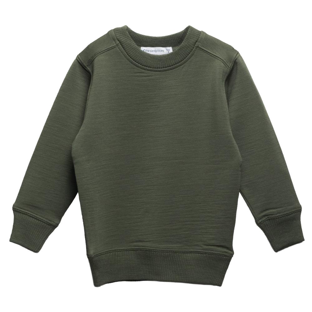 An olive green long-sleeve merino/tencel fleece crewneck sweatshirt with ribbed cuffs and hem, displayed flat against a plain white background.