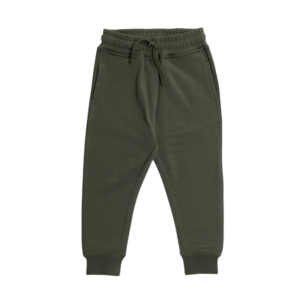 A pair of dark olive green merino fleece/tencel jogger pants with an elastic waistband, drawstring, and ribbed ankle cuffs, shown flat on a white background.