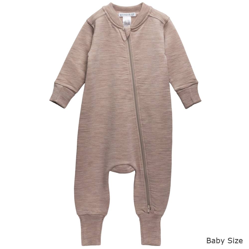A baby merino and tencel fleece long-sleeve zip-up sleeper in a heathered taupe-brown color, shown flat against a white background with a 'Baby Size' text overlay in the bottom right corner.