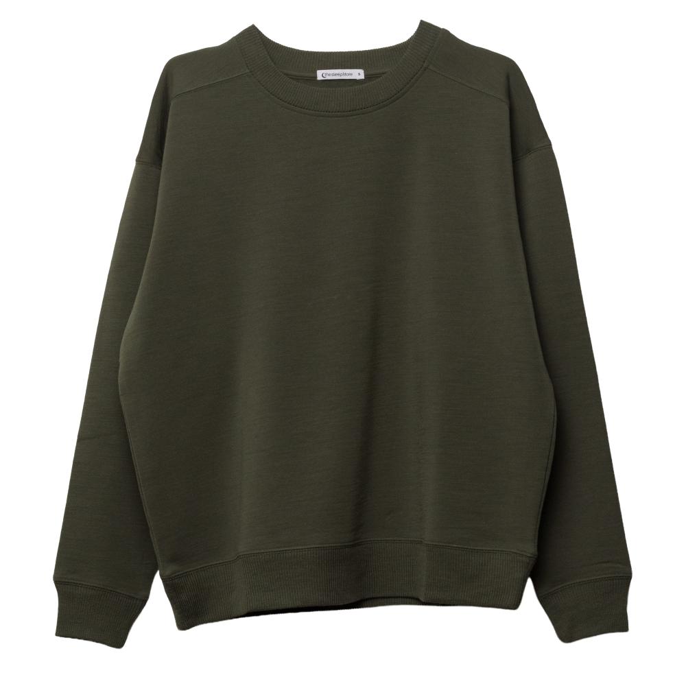 A merino and tencel fleece crewneck sweatshirt in olive green, shown flat against a plain white background.