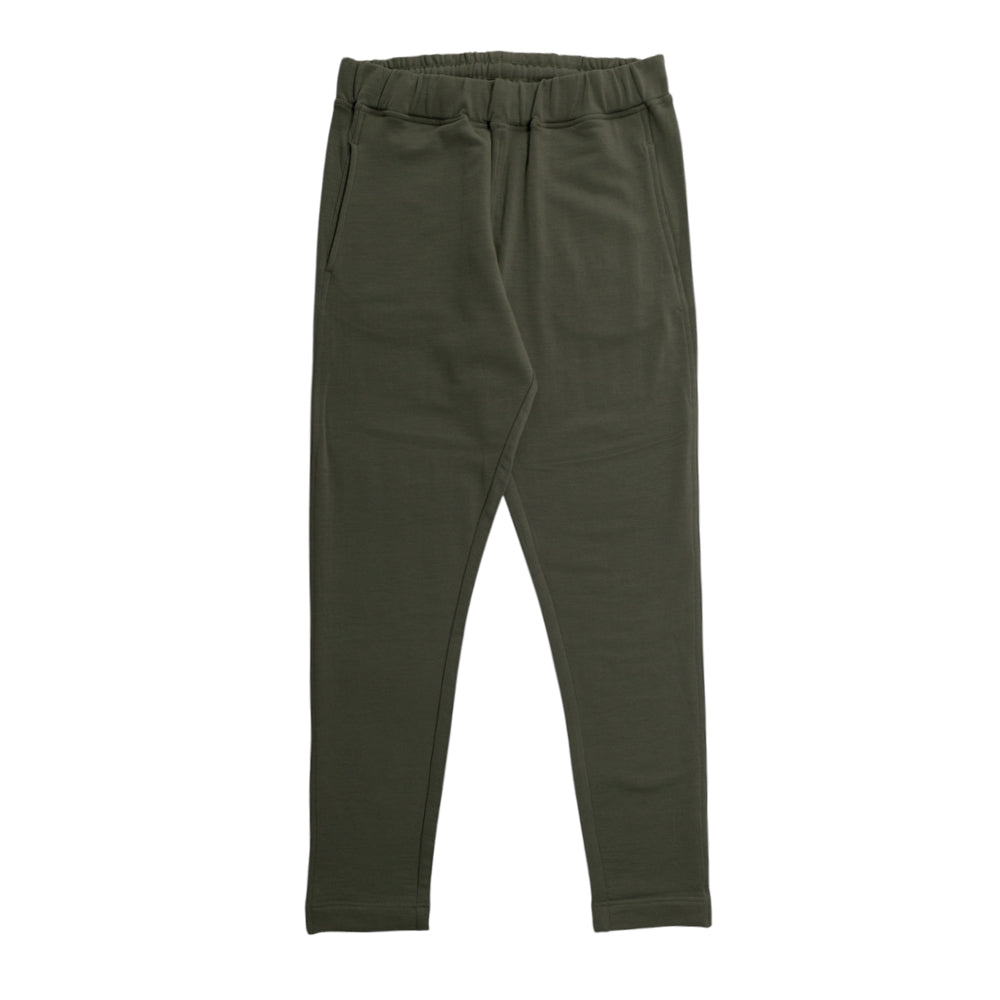 Olive green merino tencel fleece jogger pants with pockets on a white background 