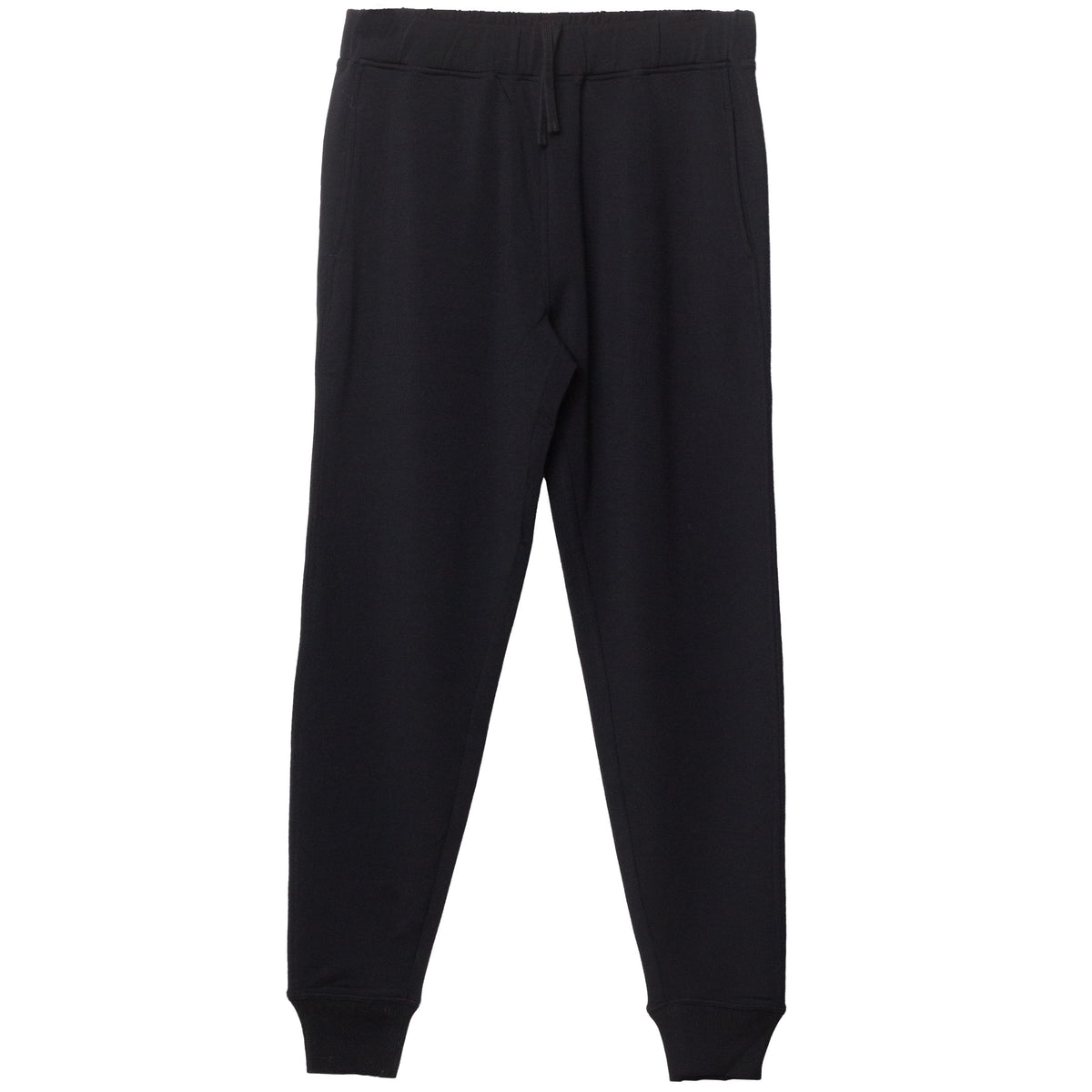 Black jogger fleece merino tencel sweatpants with an elastic waistband, drawstring, side pockets, and ribbed ankle cuffs, shown flat on a white background.