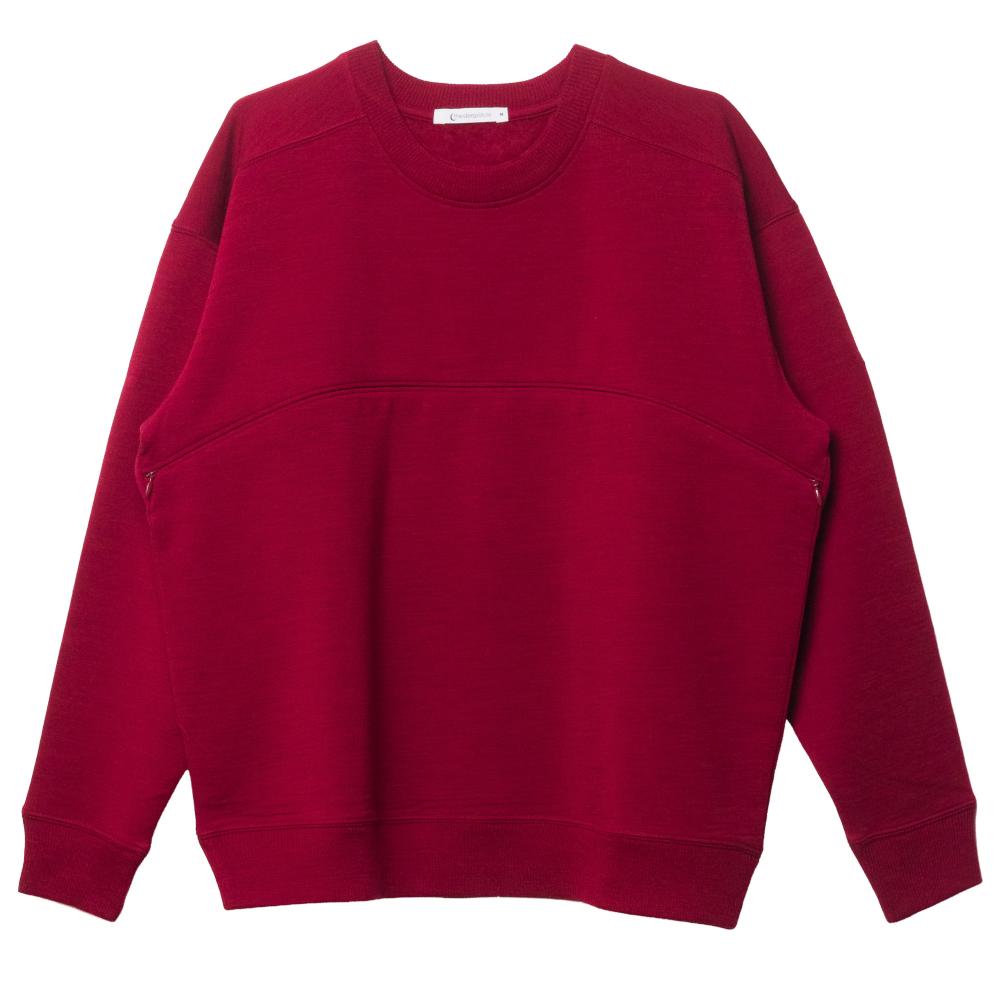 A deep red merino fleece and tencel crewneck nursing sweatshirt with an invisible zipper seam across the front shown flat on a white background.