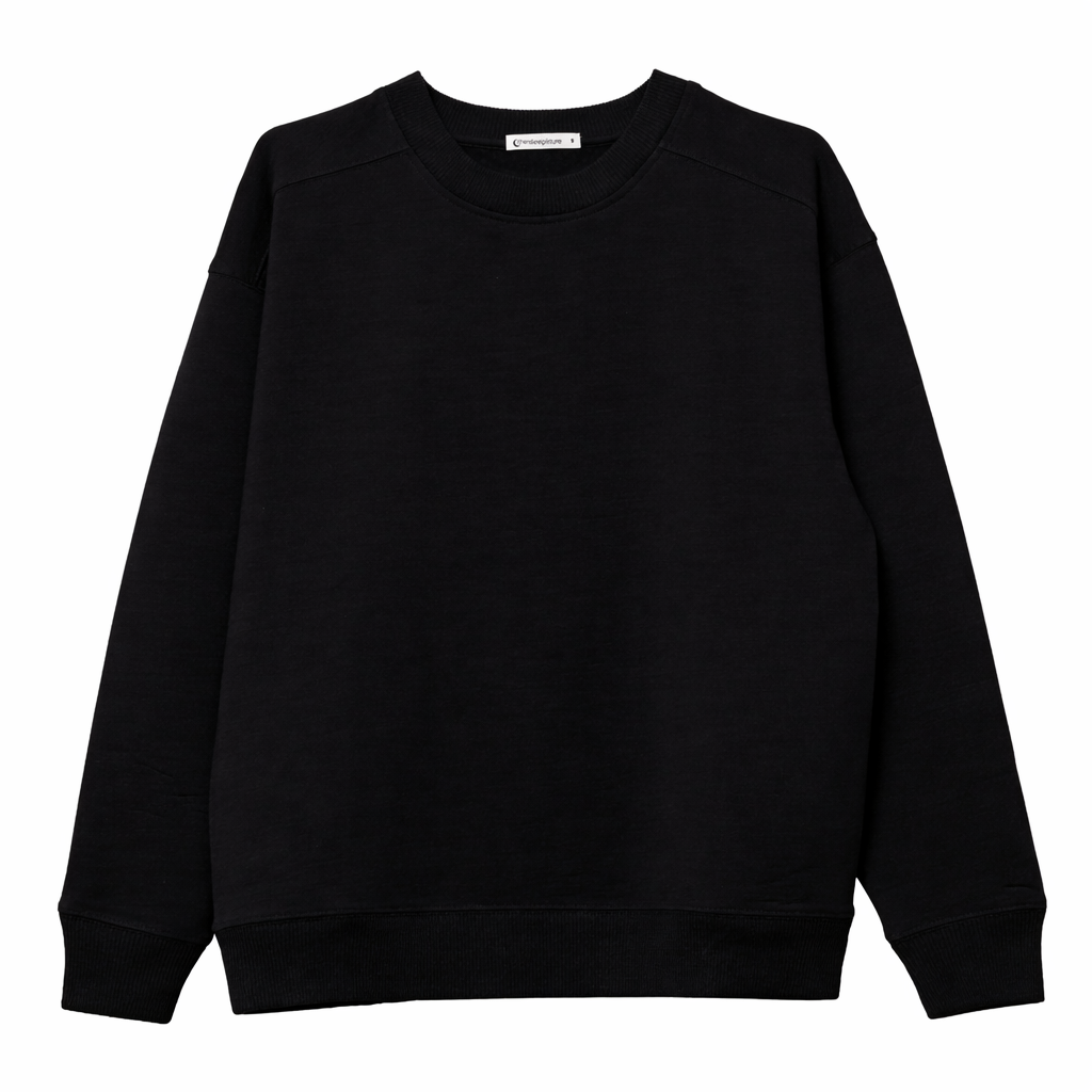 A black merino fleece crewneck sweatshirt with long sleeves, laid flat against a solid white background.