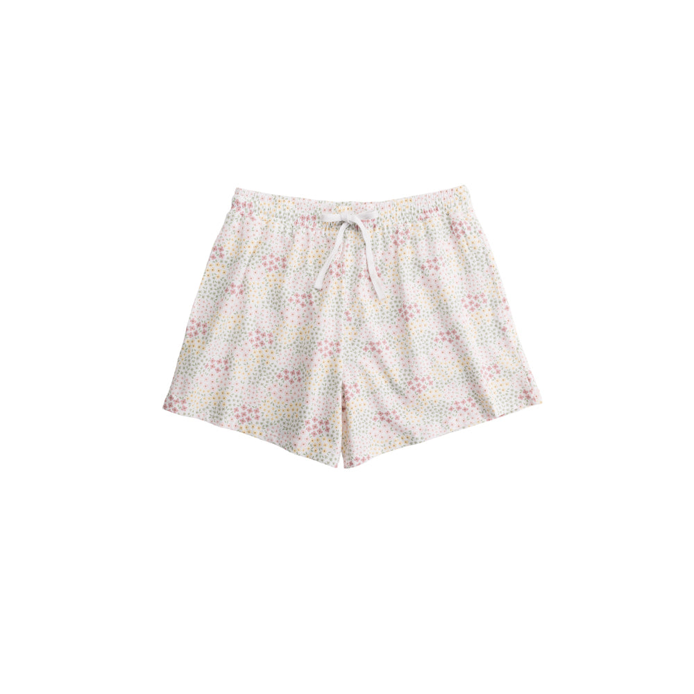 Floral patterned cotton pyjama shorts on a white background