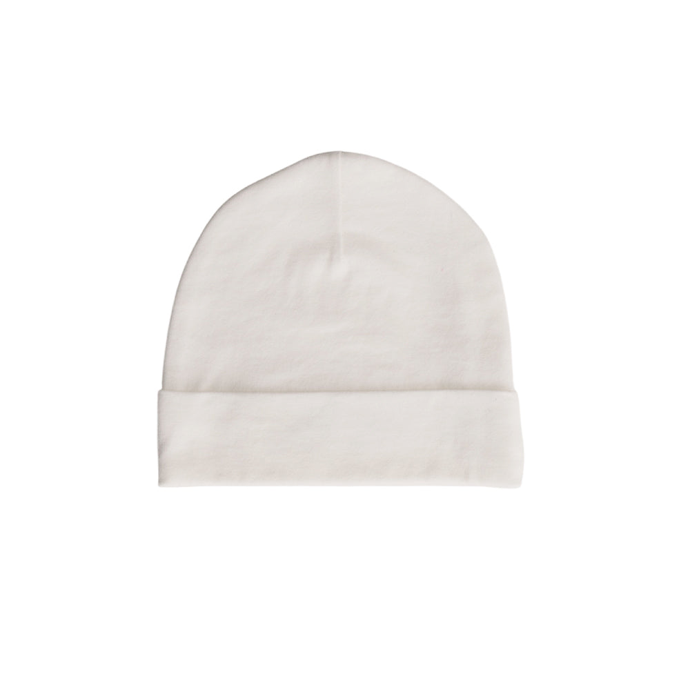 White organic cotton beanie hat on a white background