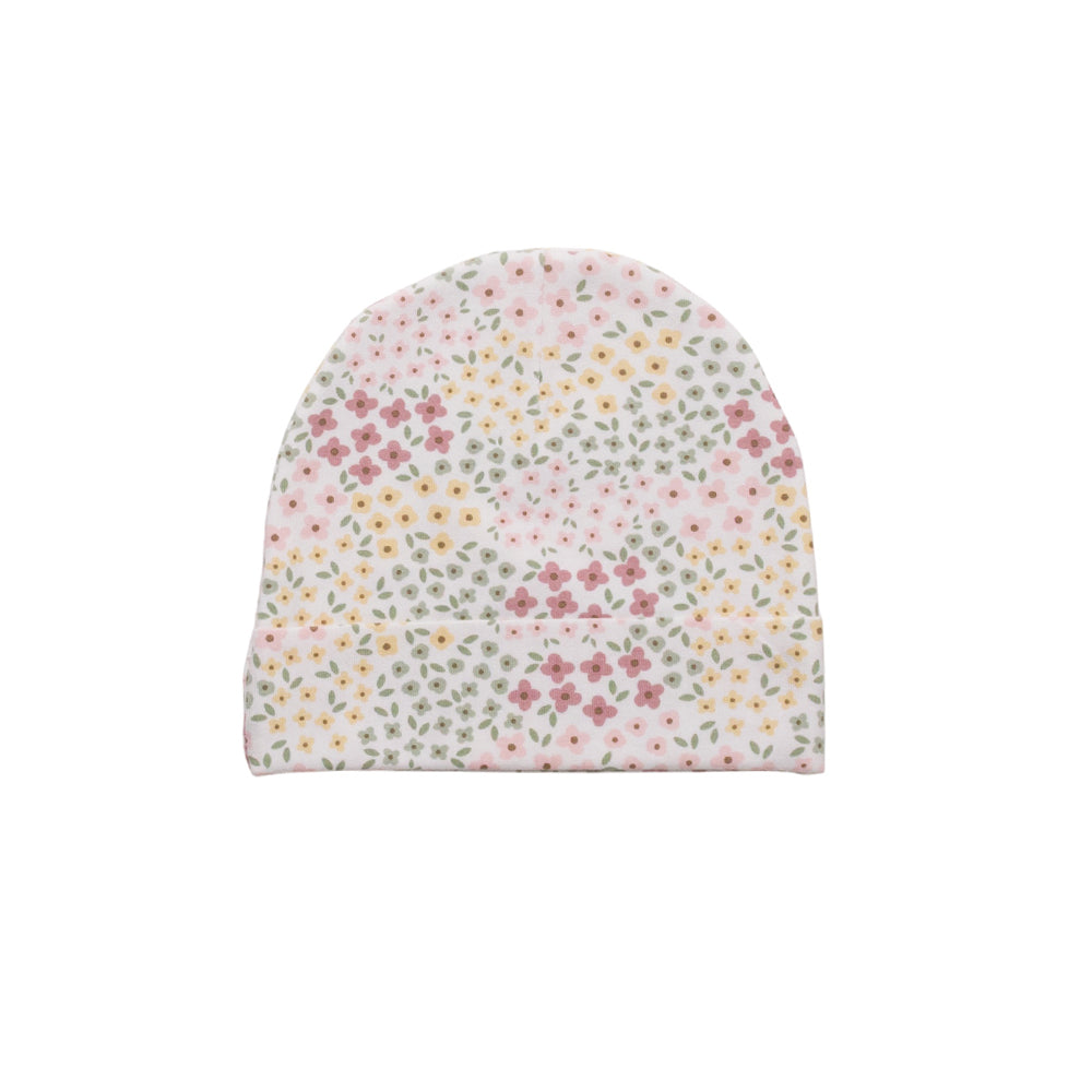 Floral patterned organic cotton baby hat on a white background