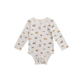 Baby cotton longsleeve bodysuit with vehicle pattern on a white background