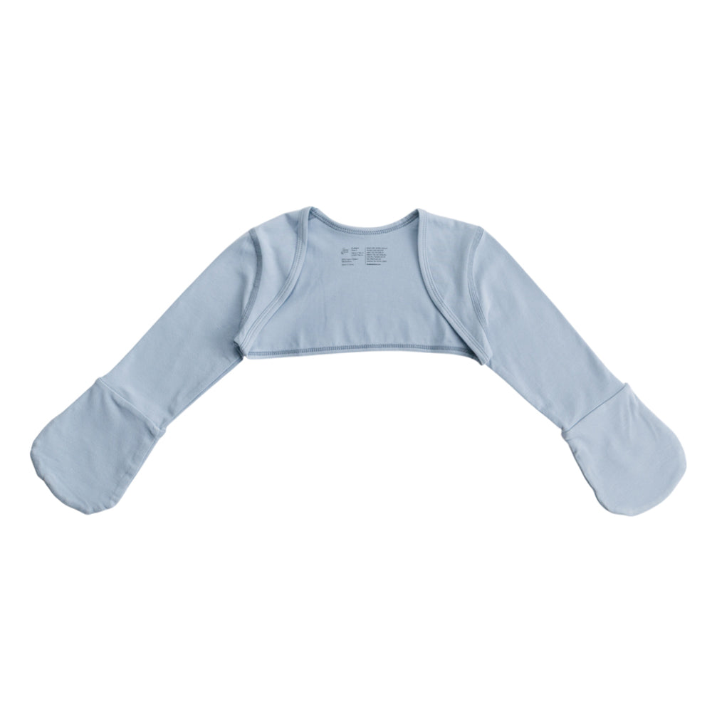 Light blue organic jersey baby mitten sleeves on a white background