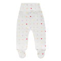 White baby footed pants with an all over hearts print, on a white background. 