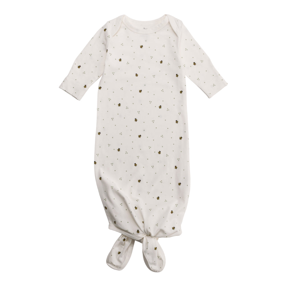 Cotton Knotted Gown in natural bee print on a white background