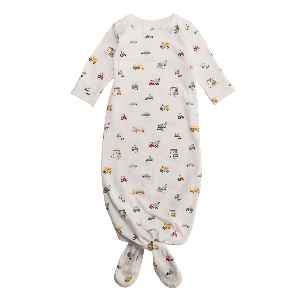 Baby organic cotton knotted gown with vehicle pattern on a white background