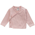 A blush pink baby kimono style cardigan on a white background. 