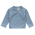 A blue kimono style cardigan on a white background. 