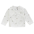 A white Kimono Cardigan with an all over bee print, on a white background. 