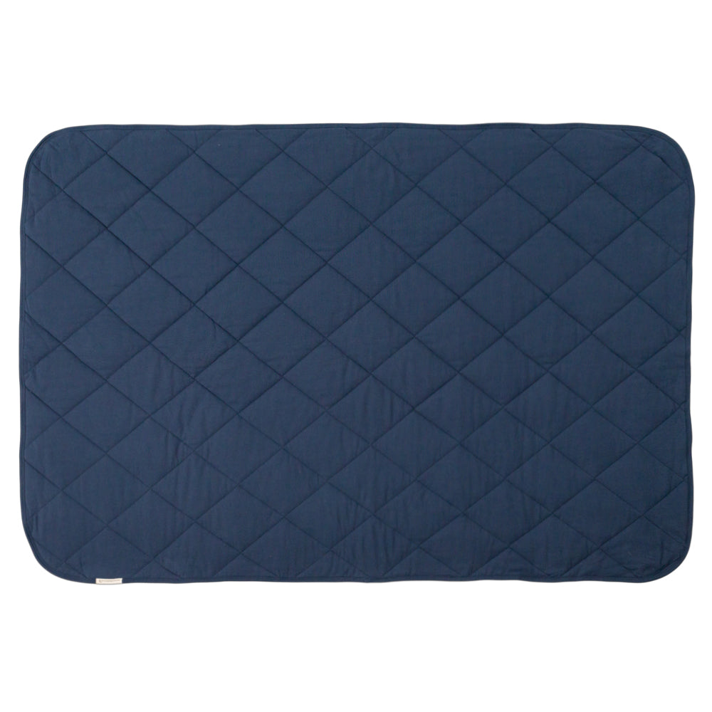 A Navy Quilted blanket on a white background. 
