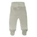 Cotton pointelle footed pants in a soft sage green colour, on a white background. 