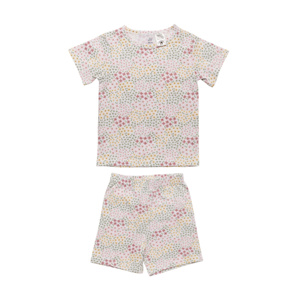 Pink Floral print summer short sleeve pyjamas on a white background