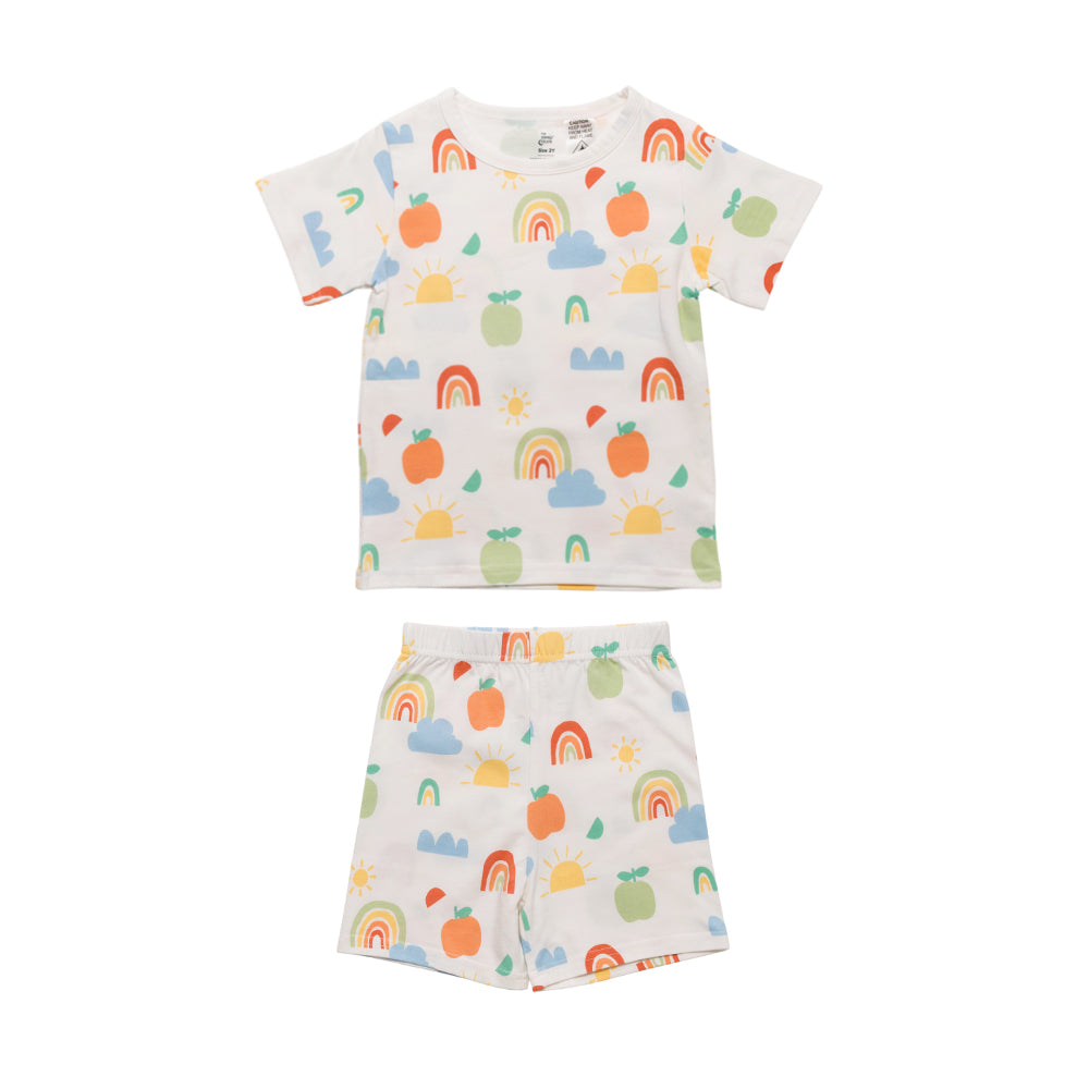 Rainbow print summer short sleeve pyjamas on a white background