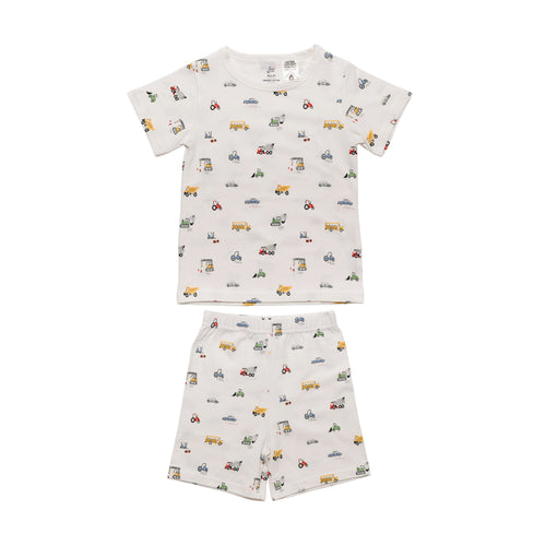 Transport print summer short sleeve pyjamas on a white background
