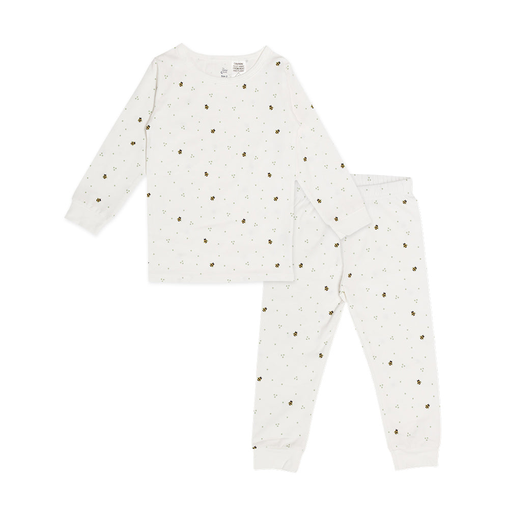 Cotton Pyjama set in Natural Cream Bees print on a white background