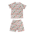Short sleeve summer pyjamas with an all over christmas print, on a white background. 