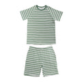 Green stripe kids short sleeve summer pyjamas on a white background. 
