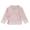 A blush pink cotton pointelle kimono cardigan on a white background. A white fire label is present on this garment. 