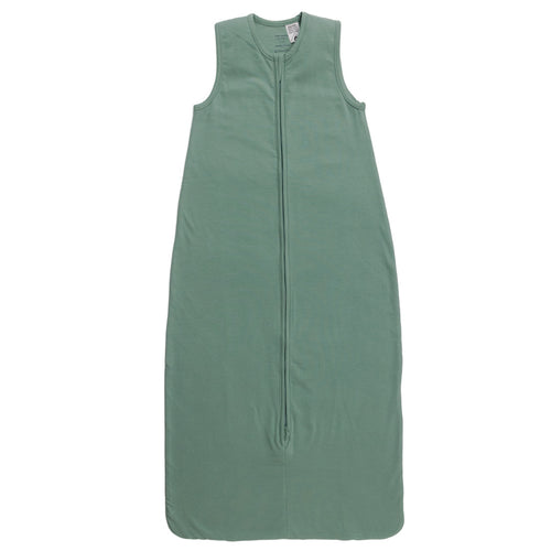 A sleeveless cotton baby sleep sack in green, shown flat against a white background.