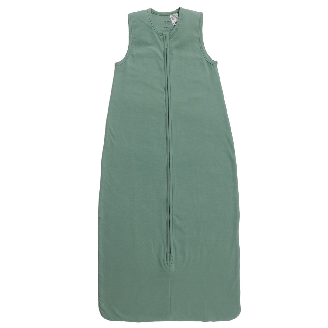 A green sleeveless cotton baby sleep sack shown flat against a white background.