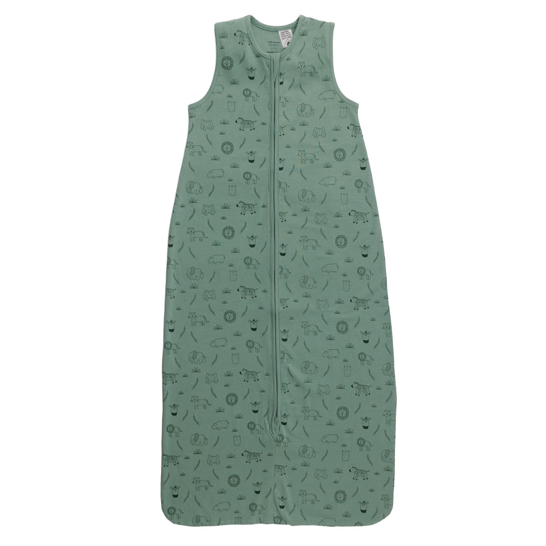 A sleeveless cotton baby sleep sack in green with safari design, shown flat against a white background.