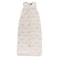 A sleeveless cotton baby sleep sack with pink, yellow flowers on a cream background, shown flat against a white background.