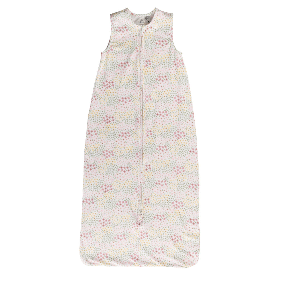 A sleeveless cotton baby sleep sack with pink, yellow flowers on a cream background, shown flat against a white background.