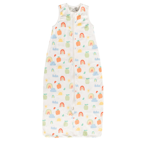 A sleeveless cotton baby sleep sack with rainbow designs on a white background, shown flat against a white background.