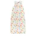 A white sleeveless cotton baby sleep sack with rainbows shown flat against a white background.