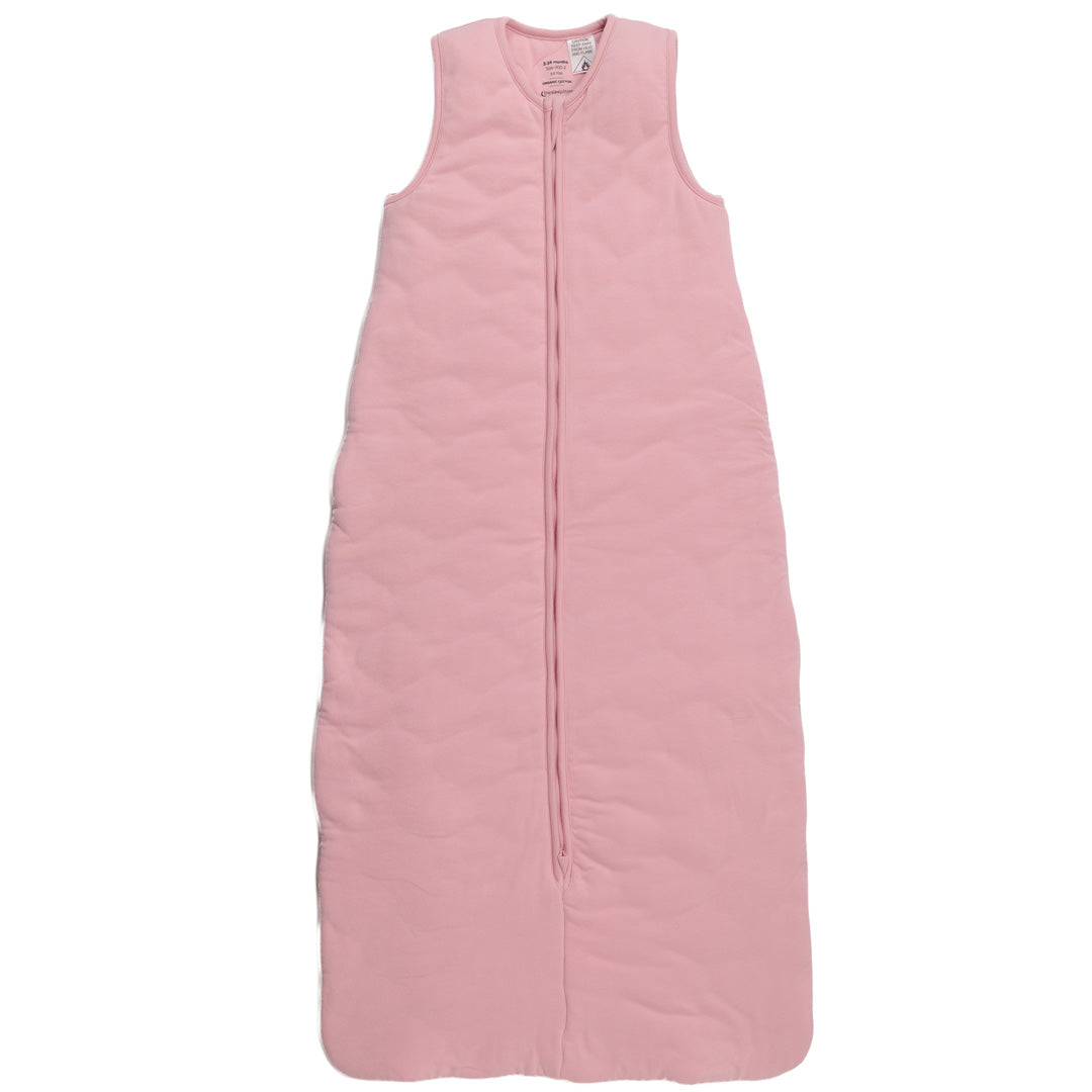 A pink sleeveless cotton baby sleep sack shown flat against a white background.
