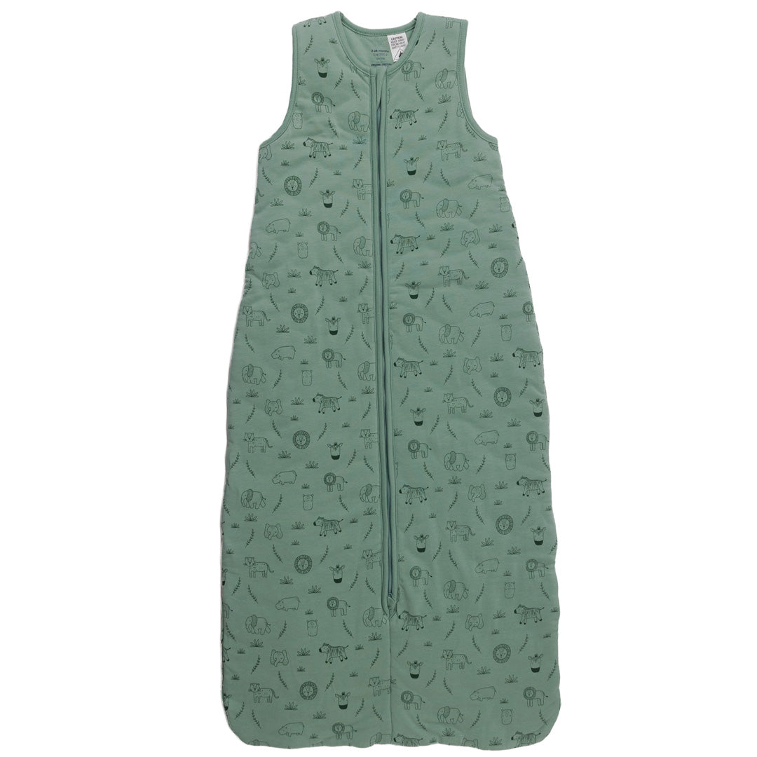 A green safari print sleeveless cotton baby sleep sack shown flat against a white background.