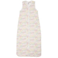A white with floral print sleeveless cotton baby sleep sack shown flat against a white background.