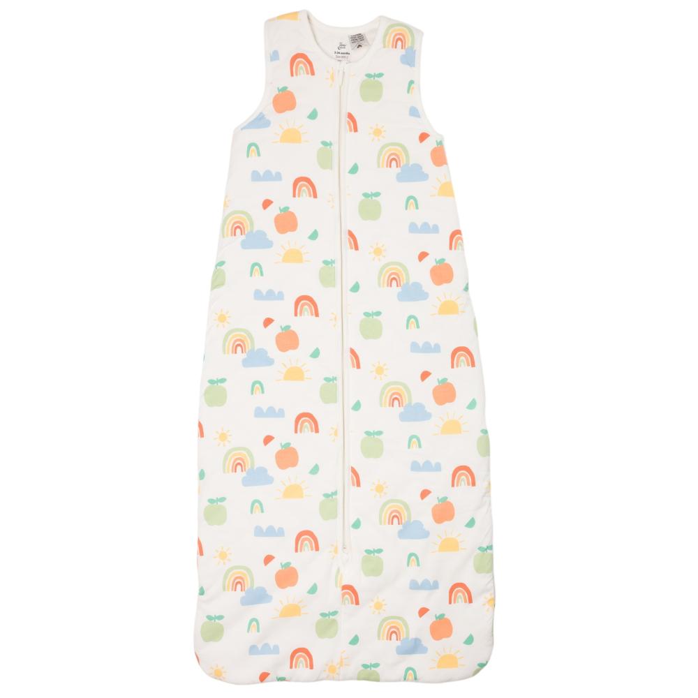 A white with rainbow print sleeveless cotton baby sleep sack shown flat against a white background.